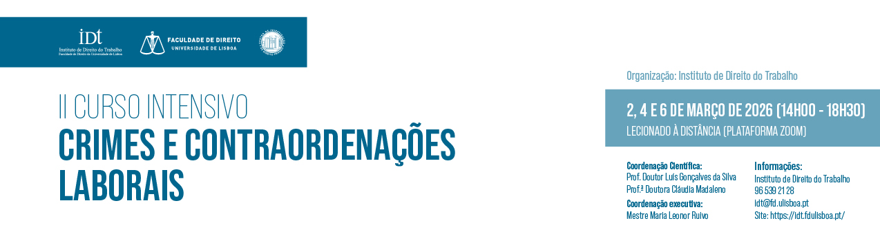 Banner do «II Curso Intensivo sobre Crimes e Contraordenações Laborais», que se realizou nos dias 2, 4 e 6 de março de 2026, com os detalhes do evento e os contactos dos organizadores à direita.